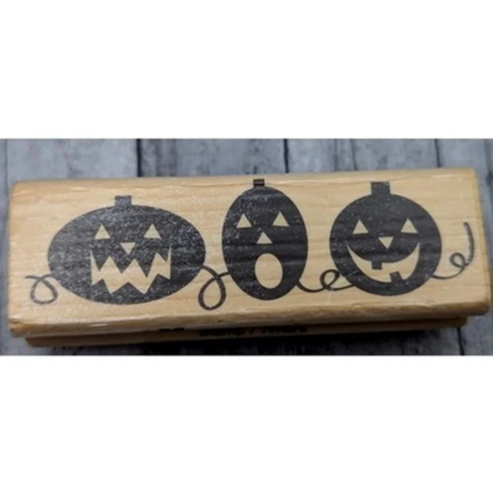 Craft Smart Row Jack-O-Lanterns Pumpkins Rubber Stamp Wood #i15